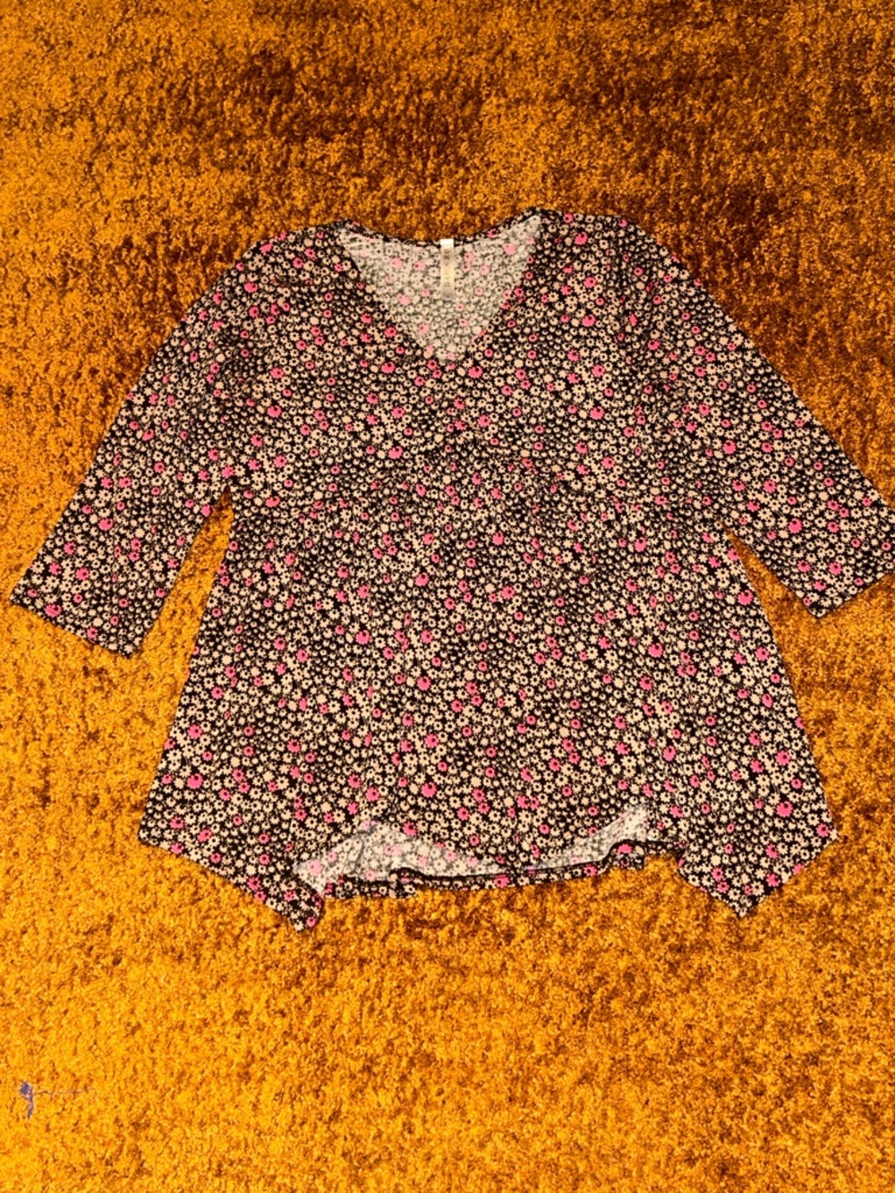 V-Neck Floral Peplum Tunic in Black with Pink and White Blossoms